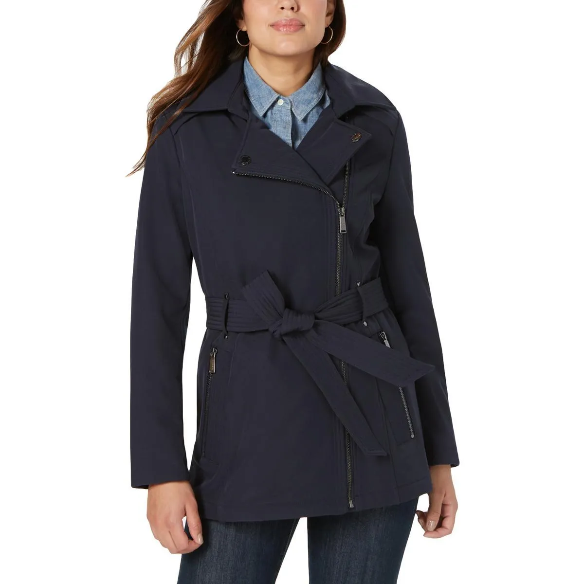 BCBGENERATION Women’s Asymmetric  Zip FLEECE TRENCH RAINCOAT  Color Black Size M
