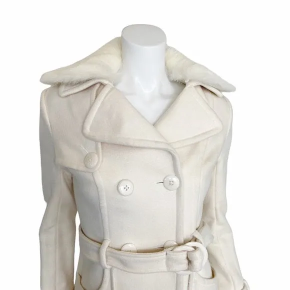 Bebe | Women's Cream Wool Blend Rabbit Fur Collar Pea Coat | Size: S