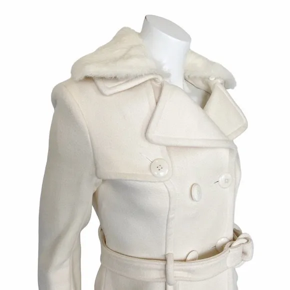 Bebe | Women's Cream Wool Blend Rabbit Fur Collar Pea Coat | Size: S