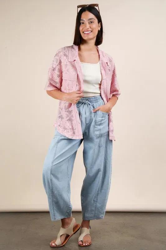 Blush Pink Oversized Crochet Button-Down Shirt
