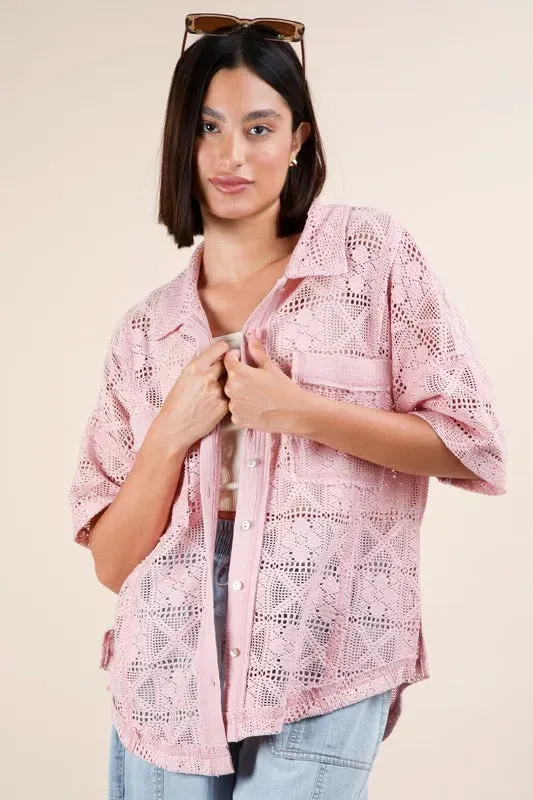 Blush Pink Oversized Crochet Button-Down Shirt