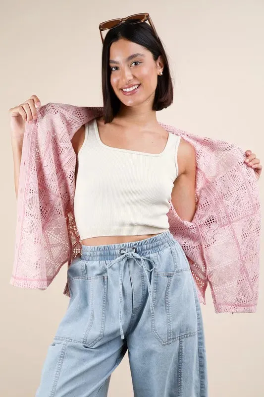 Blush Pink Oversized Crochet Button-Down Shirt