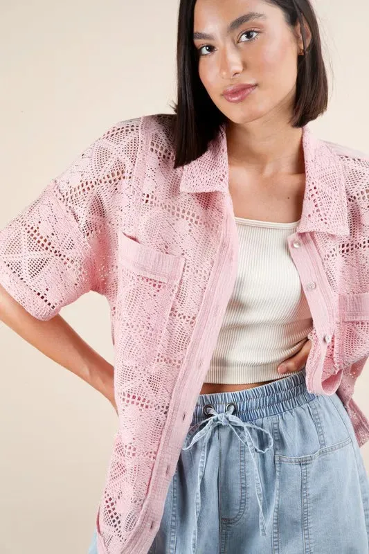 Blush Pink Oversized Crochet Button-Down Shirt
