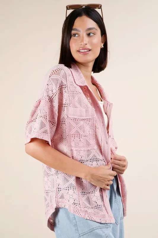 Blush Pink Oversized Crochet Button-Down Shirt