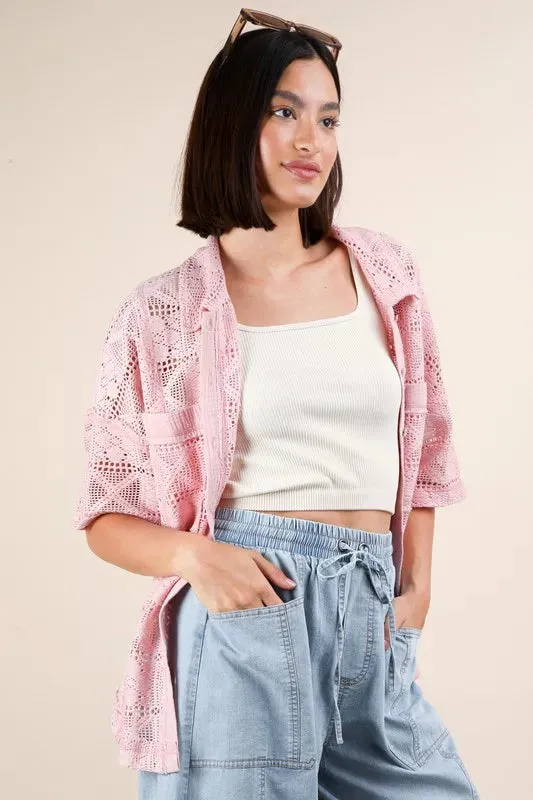 Blush Pink Oversized Crochet Button-Down Shirt