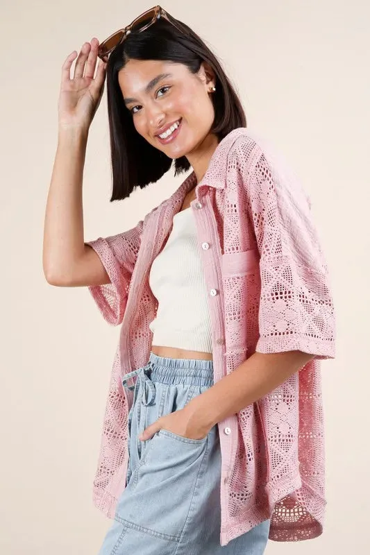 Blush Pink Oversized Crochet Button-Down Shirt