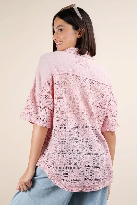 Blush Pink Oversized Crochet Button-Down Shirt