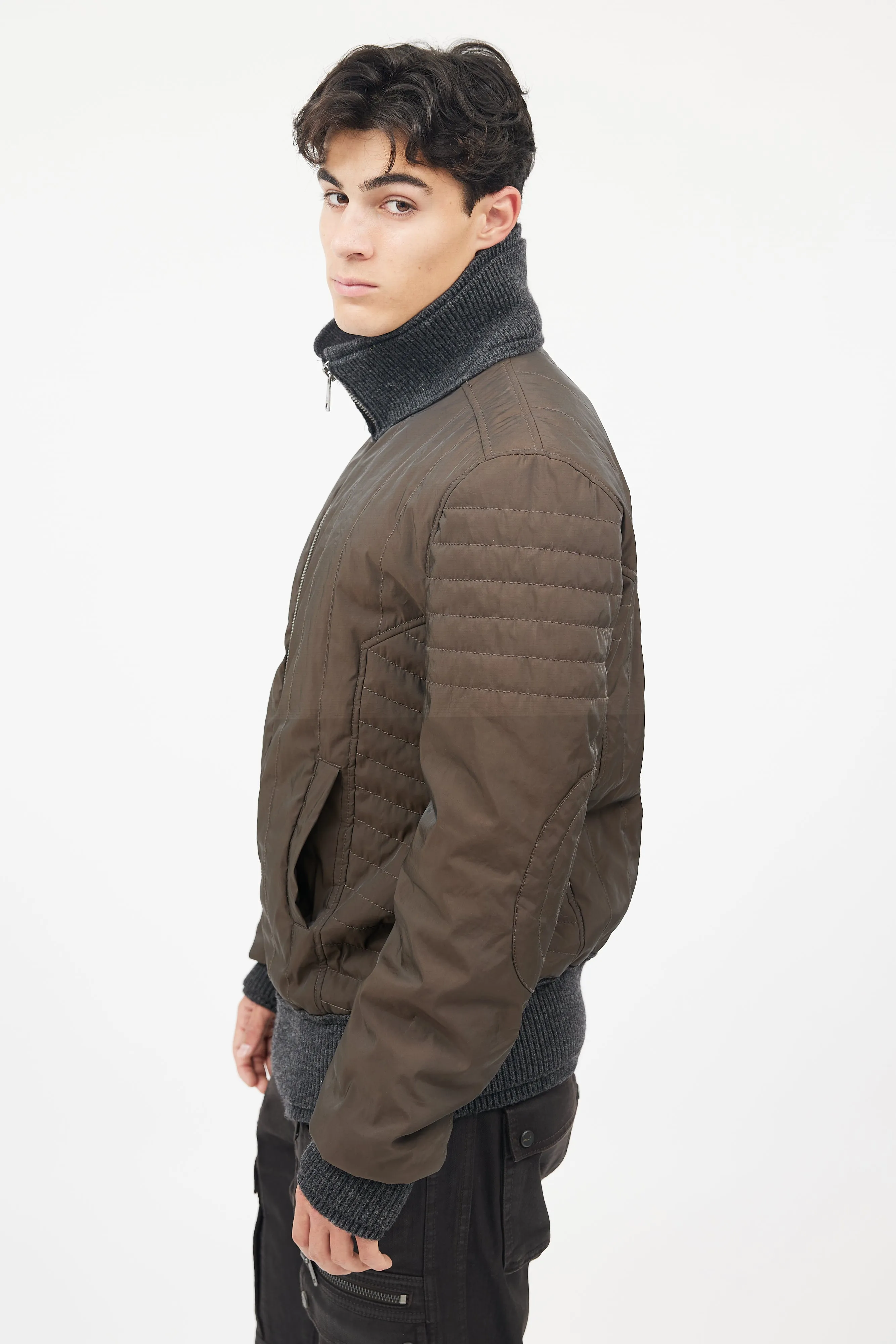 Brown & Grey Wool Trim Bomber Jacket