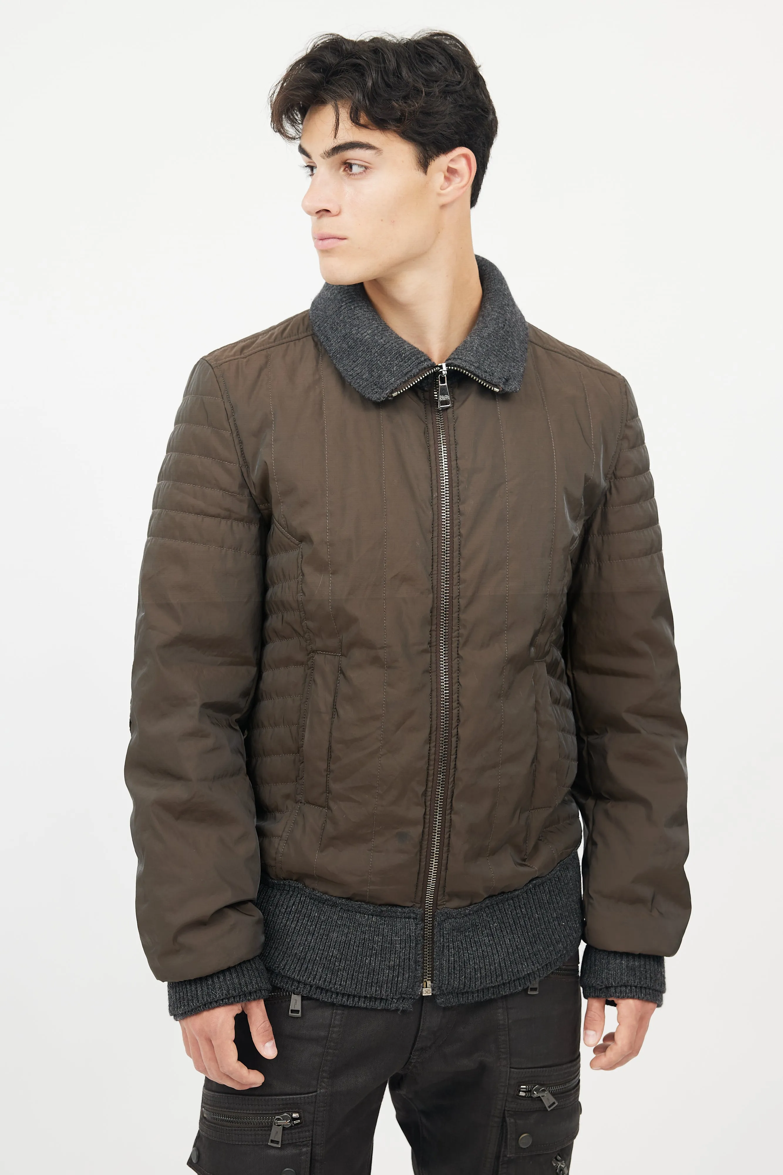 Brown & Grey Wool Trim Bomber Jacket