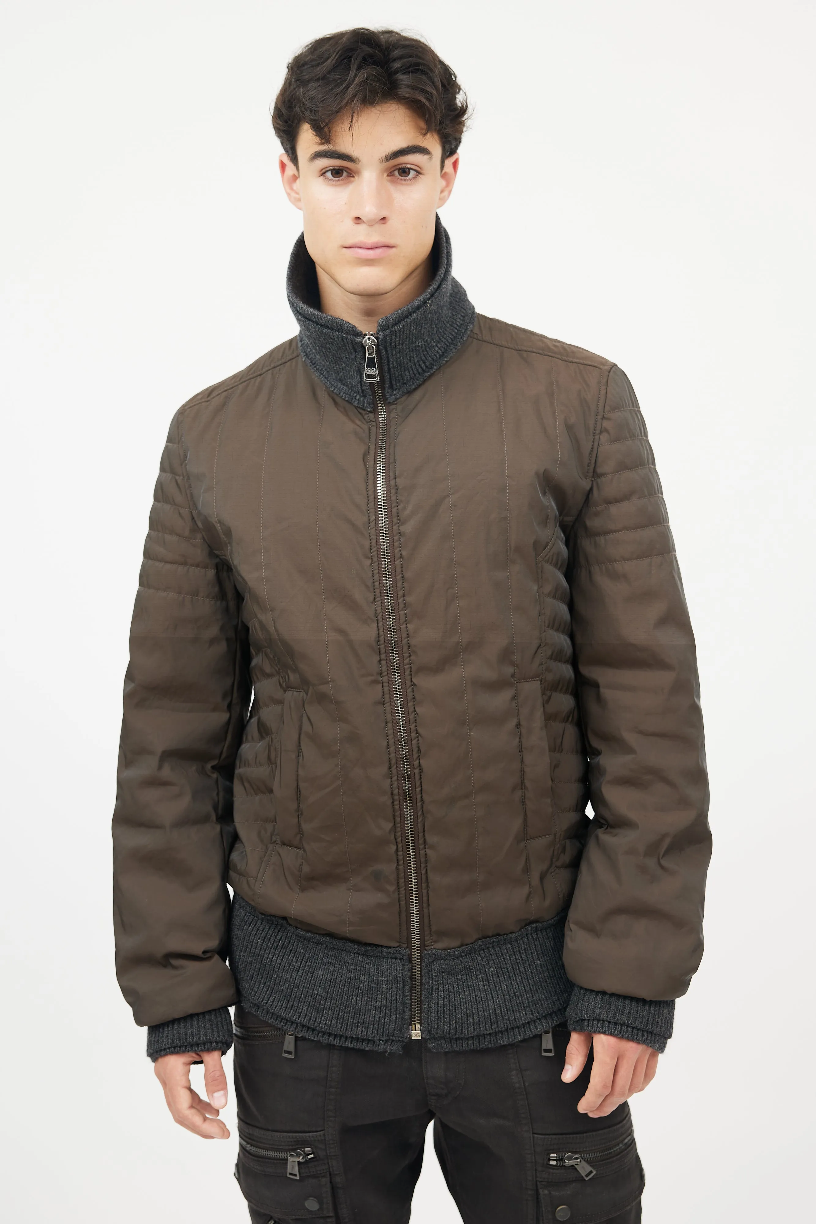 Brown & Grey Wool Trim Bomber Jacket