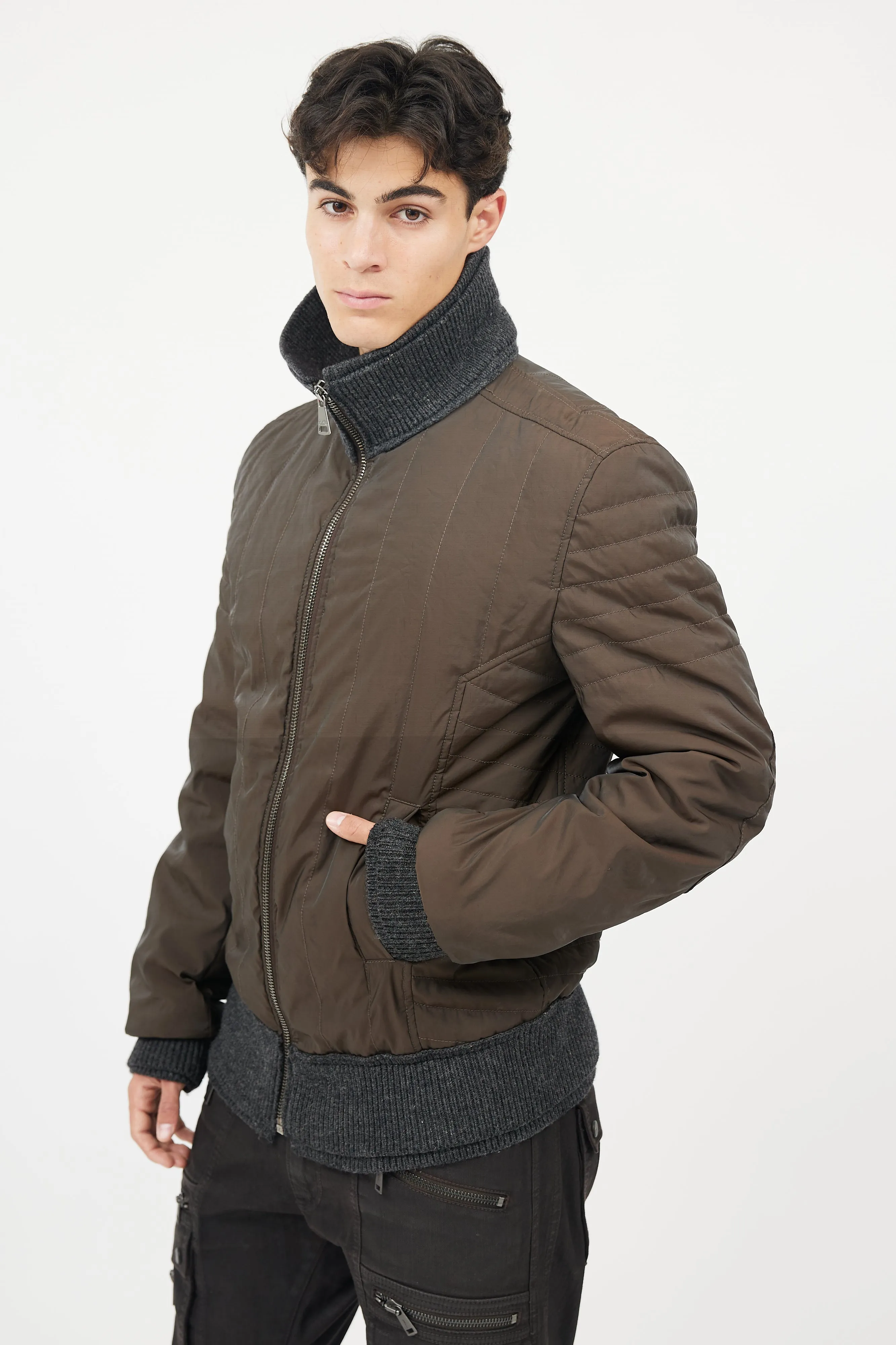 Brown & Grey Wool Trim Bomber Jacket
