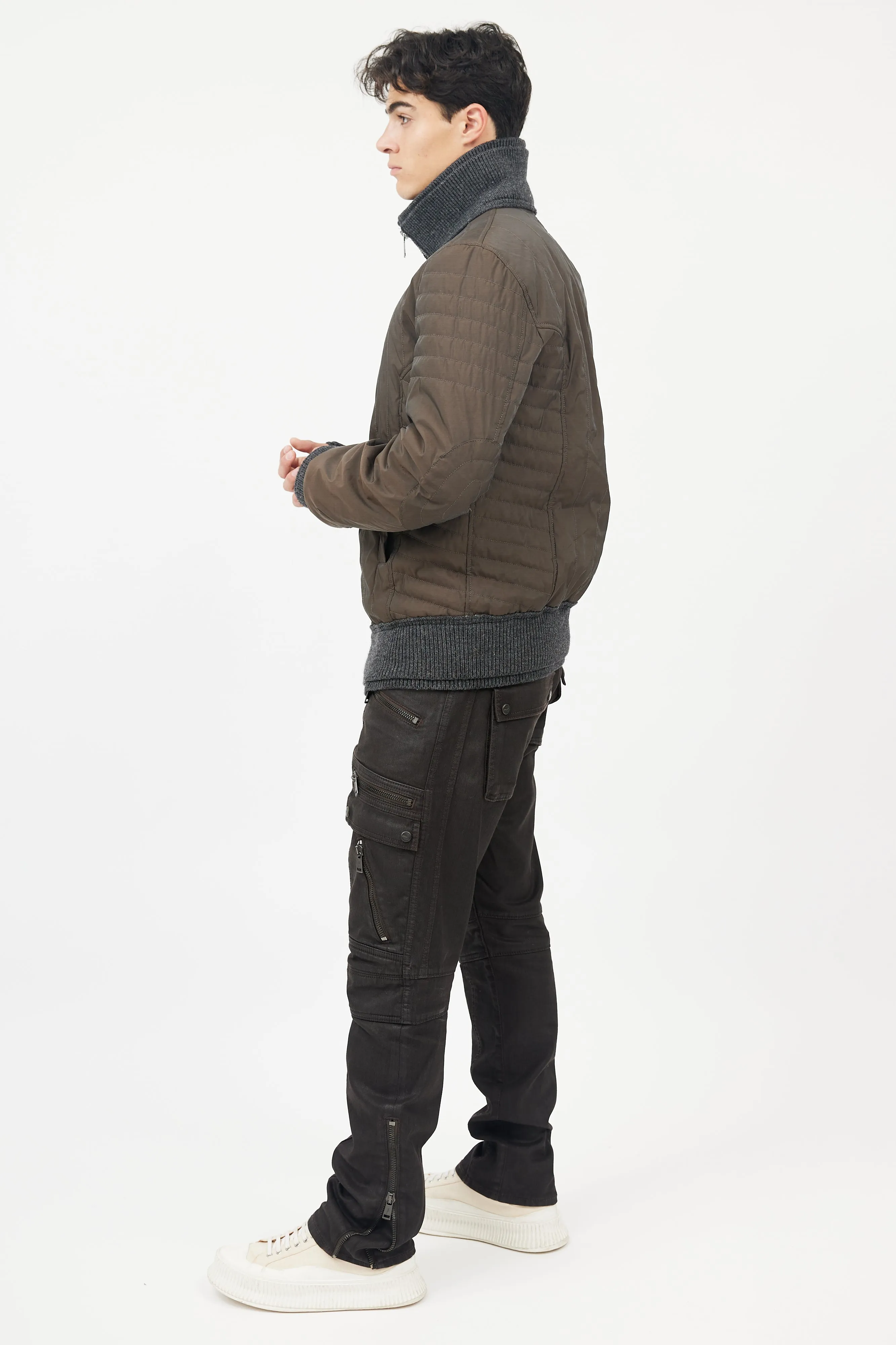 Brown & Grey Wool Trim Bomber Jacket