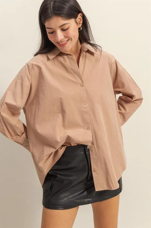 Camel Beige Oversized Button-Down Long Sleeve Shirt