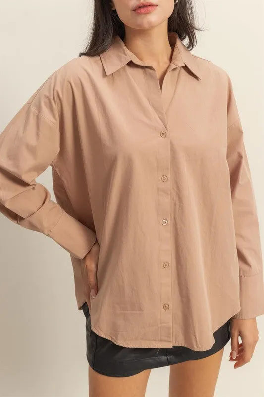 Camel Beige Oversized Button-Down Long Sleeve Shirt