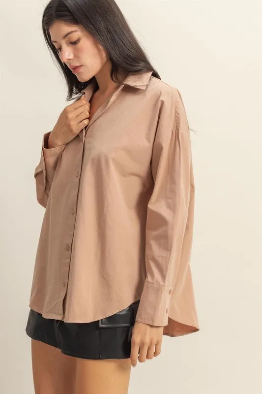 Camel Beige Oversized Button-Down Long Sleeve Shirt