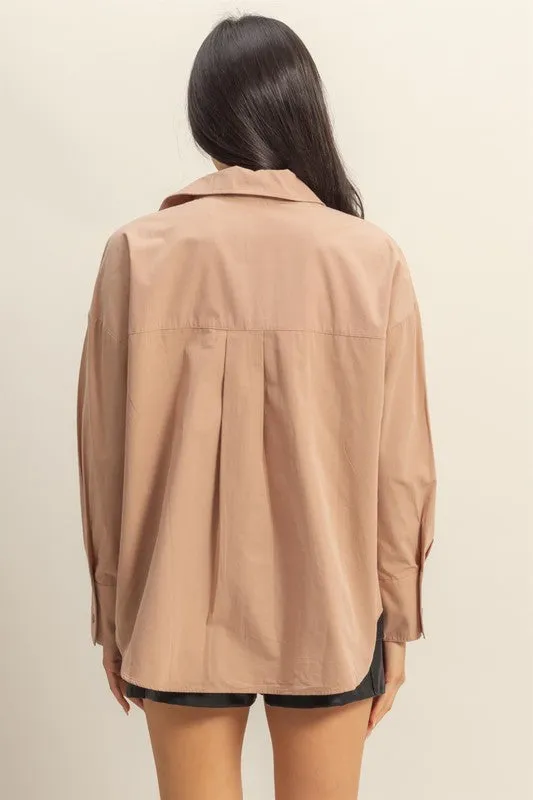 Camel Beige Oversized Button-Down Long Sleeve Shirt