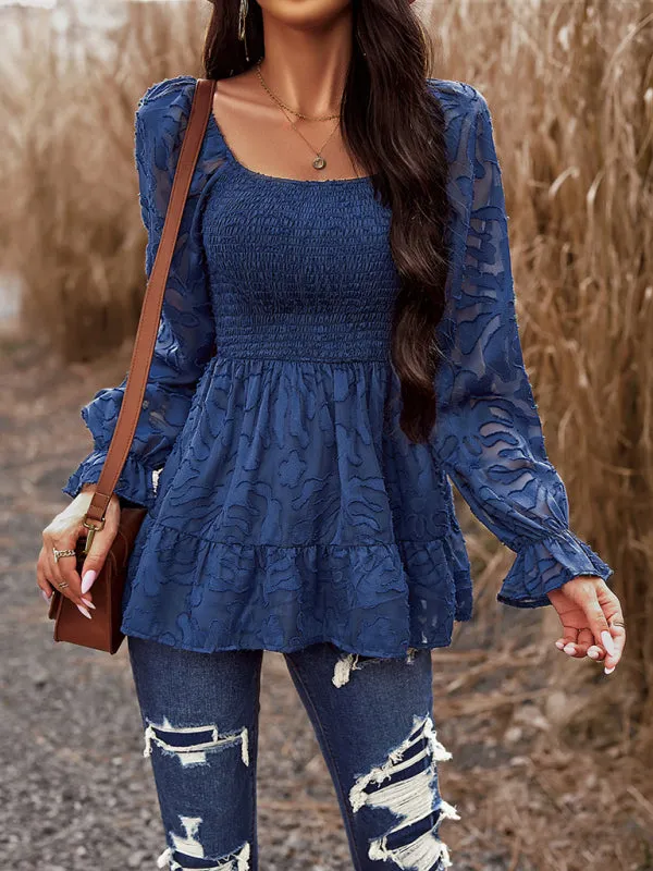 Floral Jacquard Square Neck Peplum Blouse | Bishop Long Sleeves Top