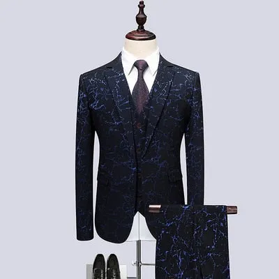 Floral Print 3 Piece Suit Set Men Luxury Bronzing Blazers Vest Trousers
