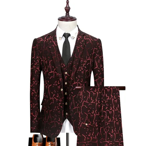 Floral Print 3 Piece Suit Set Men Luxury Bronzing Blazers Vest Trousers