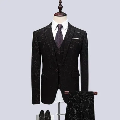 Floral Print 3 Piece Suit Set Men Luxury Bronzing Blazers Vest Trousers