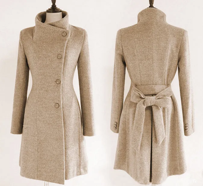 Free Shipping Slim Bowknot Sash Worsted Trench Coat