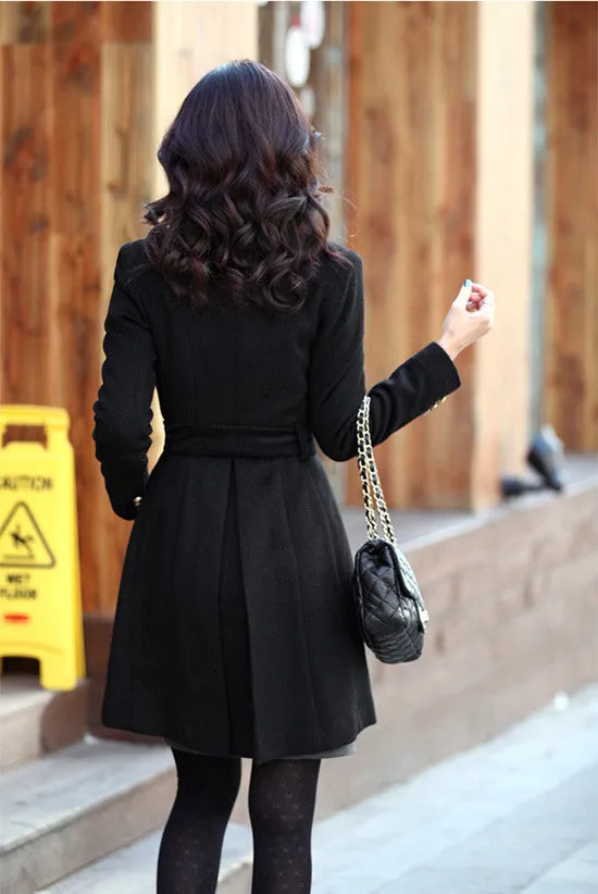 Free Shipping Slim Bowknot Sash Worsted Trench Coat