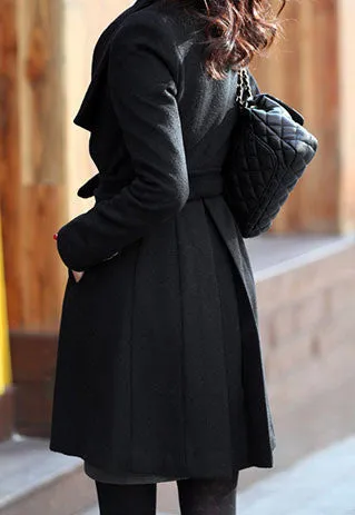 Free Shipping Slim Bowknot Sash Worsted Trench Coat