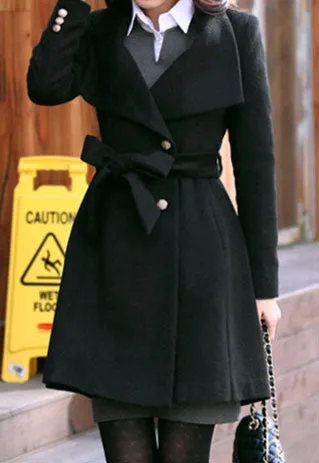 Free Shipping Slim Bowknot Sash Worsted Trench Coat