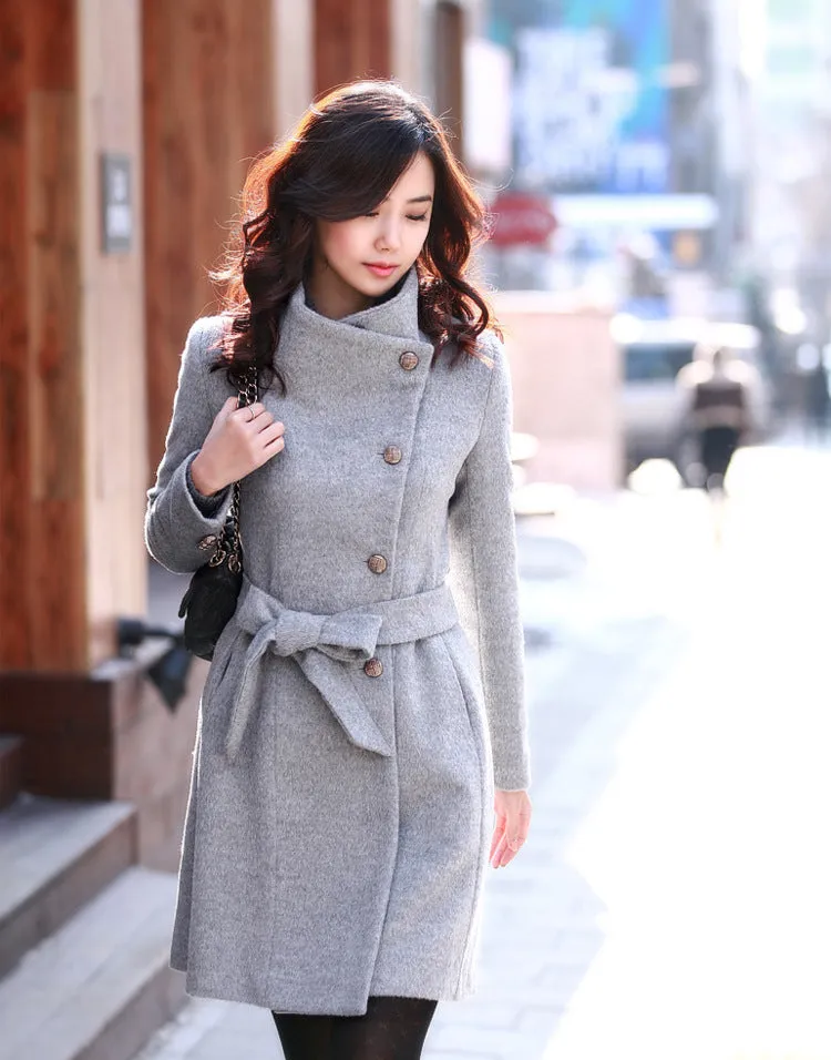Free Shipping Slim Bowknot Sash Worsted Trench Coat