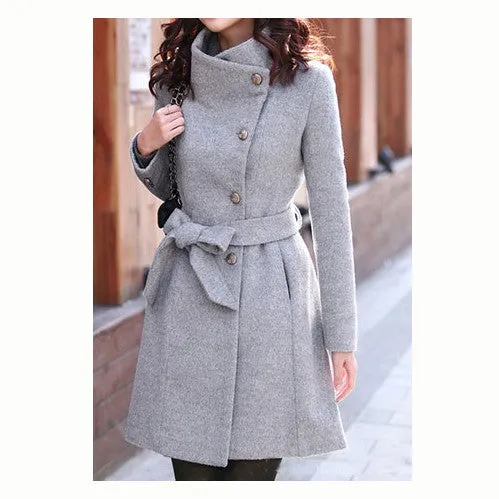 Free Shipping Slim Bowknot Sash Worsted Trench Coat