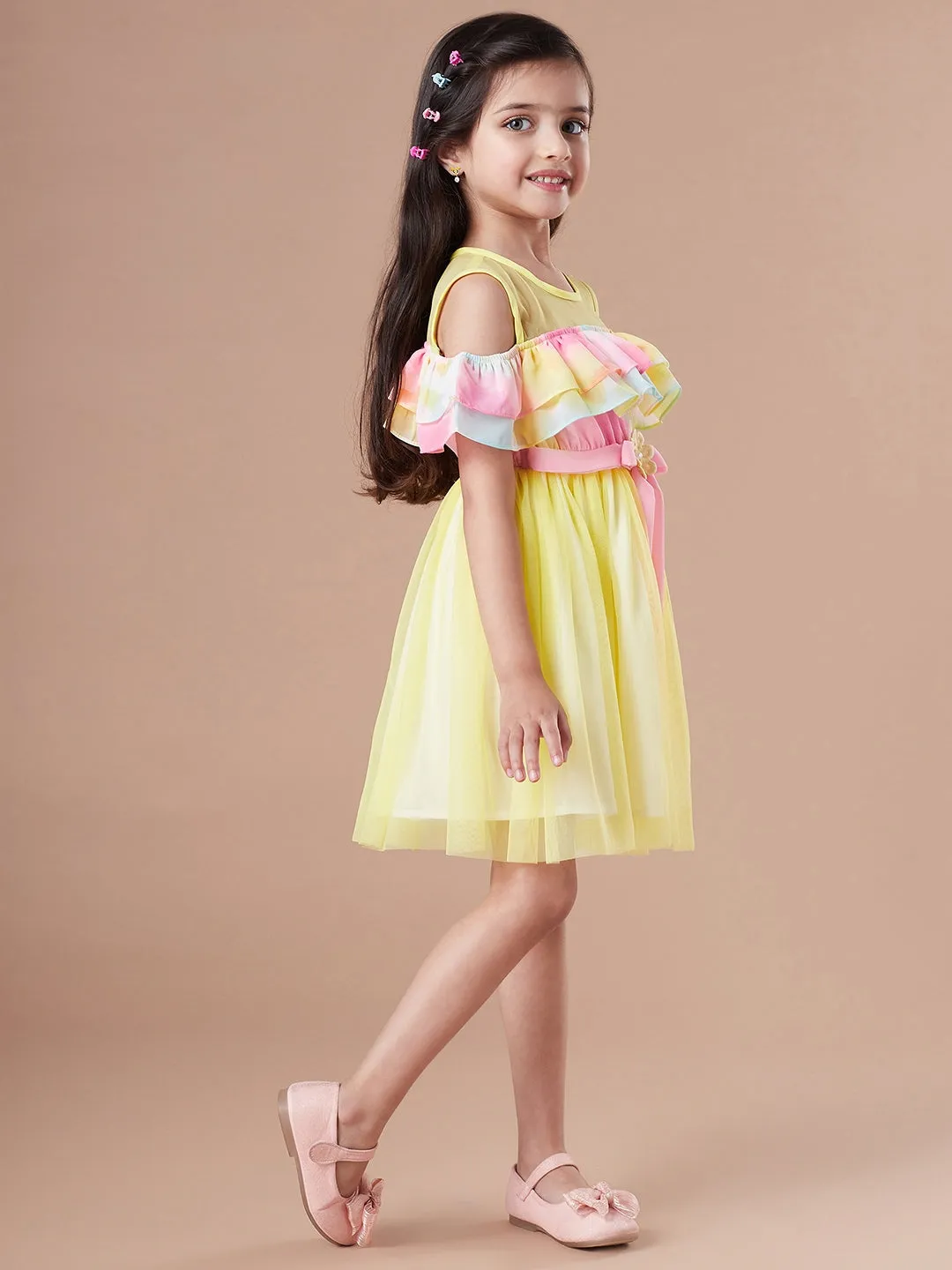 Girls Colourblocked Cold-Shoulder Sleeves Fit And Flare Dress - Ps Peaches