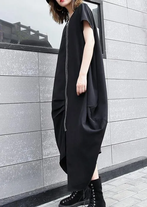 Handmade black asymmetric cotton Long Shirts zippered long summer Dress