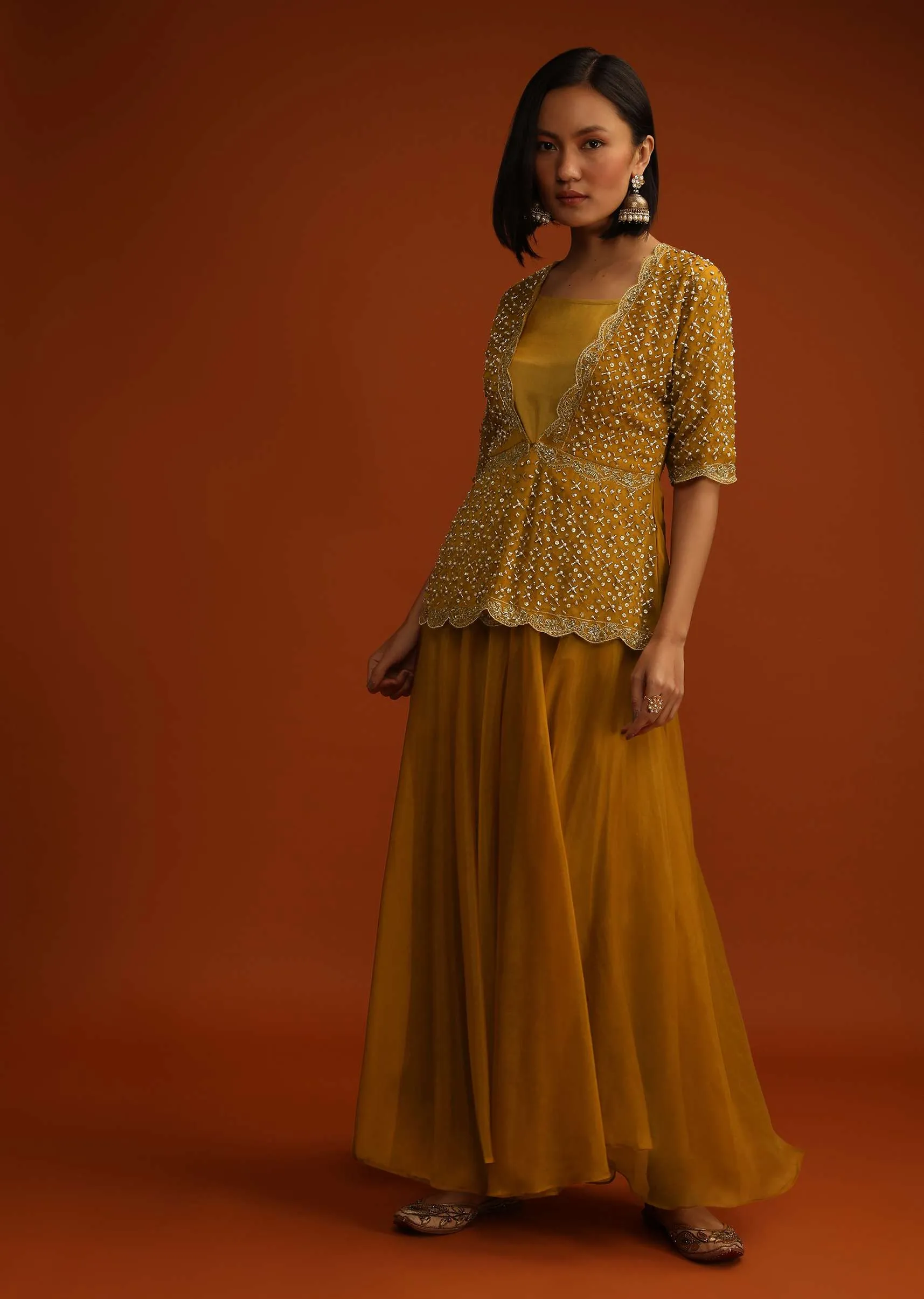 Inca Gold Yellow Palazzo And Peplum Suit In Organza With Flower Sequins And Cut Dana Work