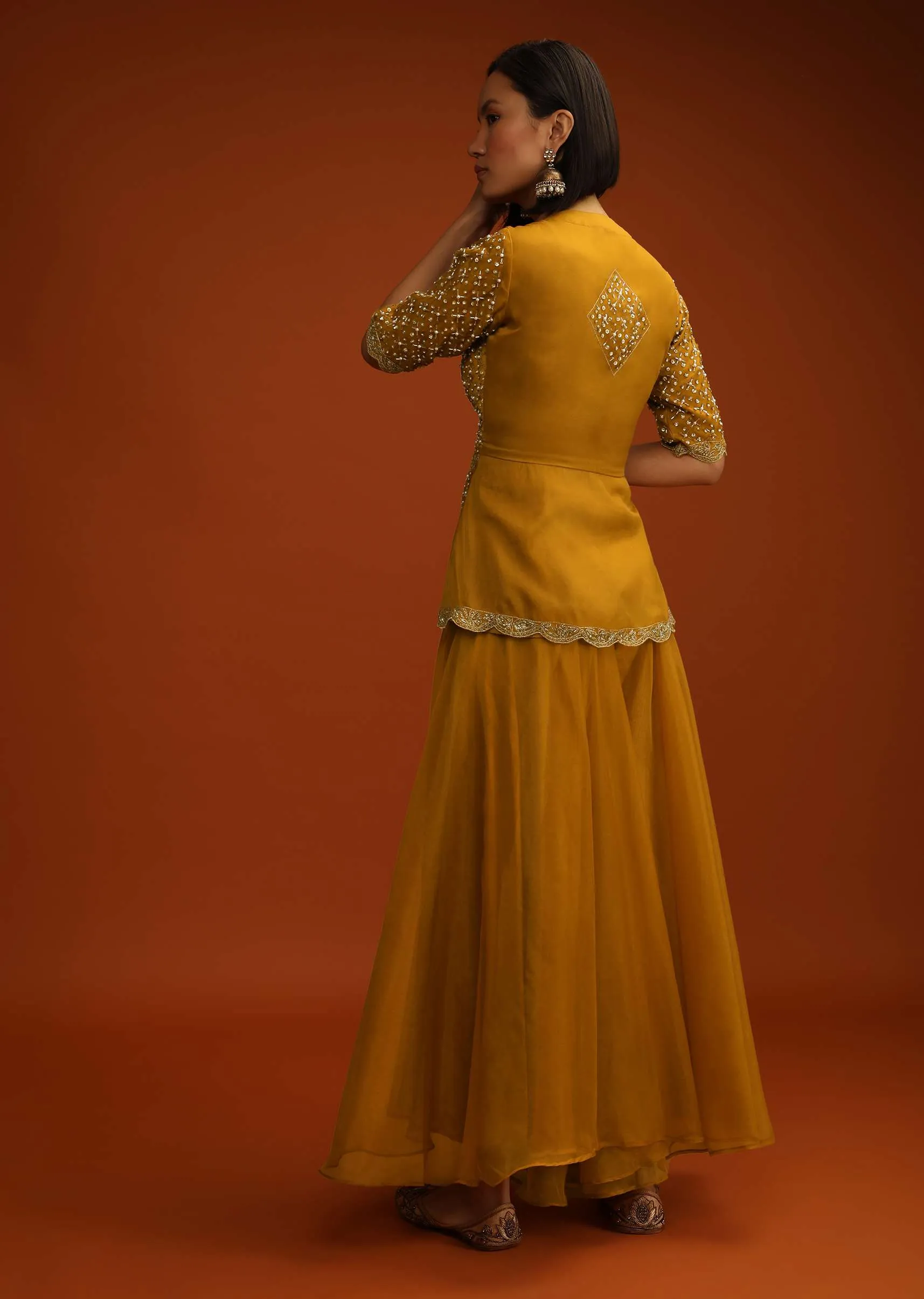 Inca Gold Yellow Palazzo And Peplum Suit In Organza With Flower Sequins And Cut Dana Work