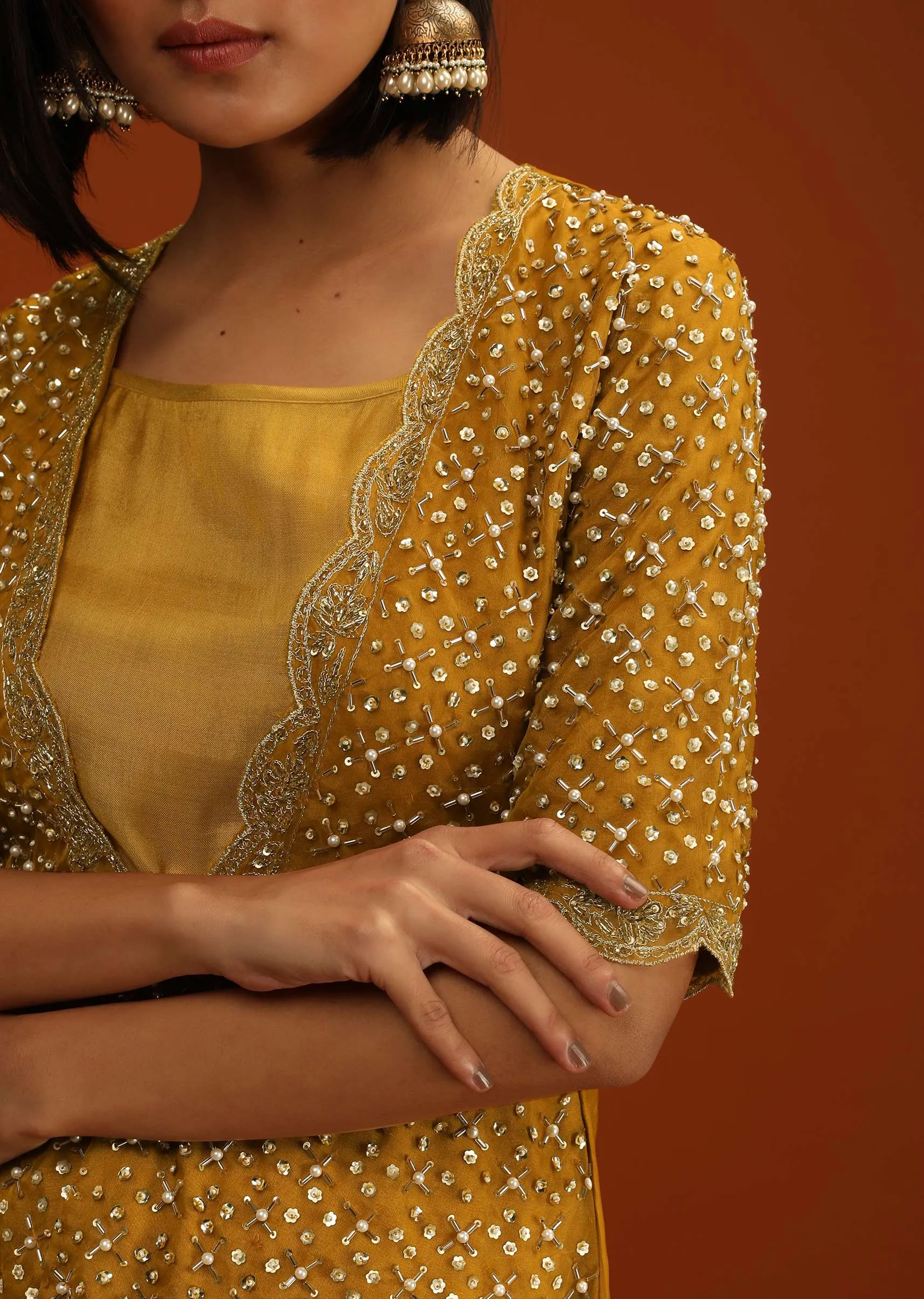 Inca Gold Yellow Palazzo And Peplum Suit In Organza With Flower Sequins And Cut Dana Work