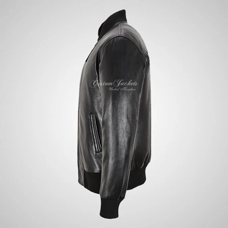 MA-1 Black Leather Bomber Jacket For Men's