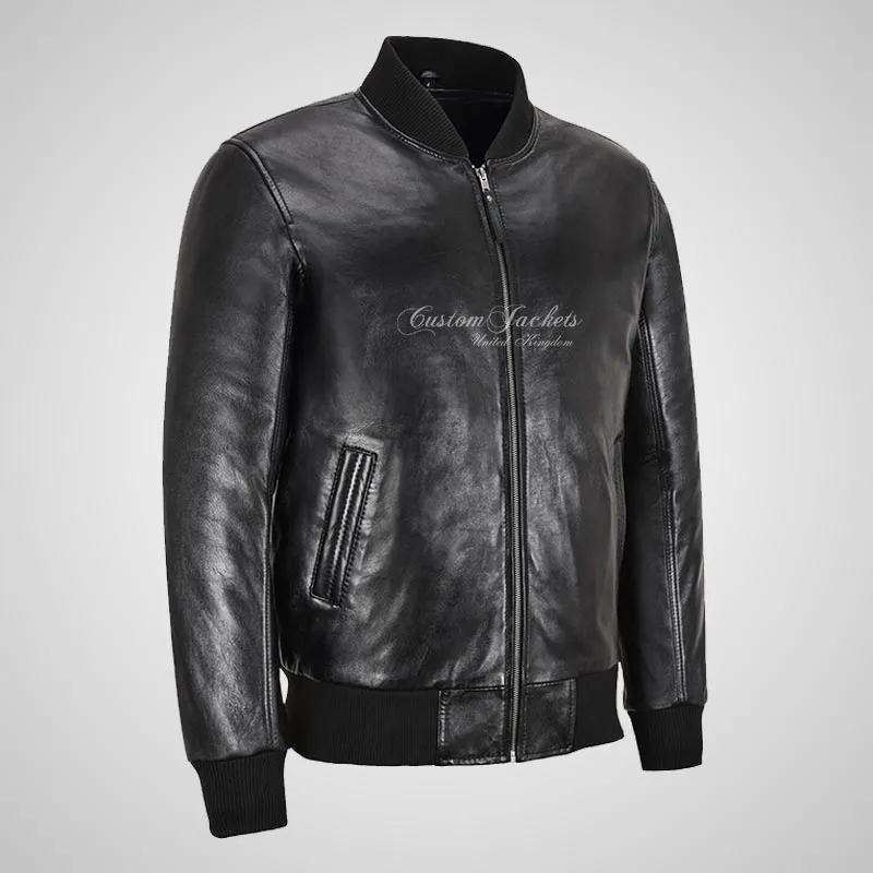 MA-1 Black Leather Bomber Jacket For Men's