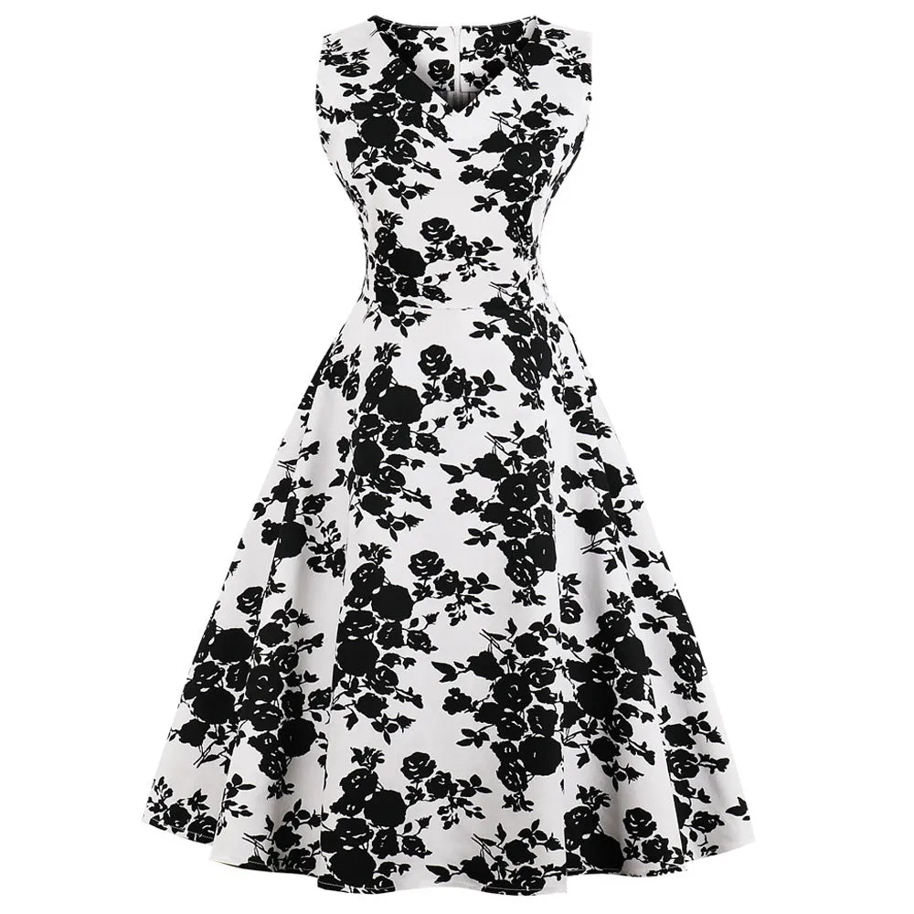 Navy Blue Floral Fit and Flare Swing Dress
