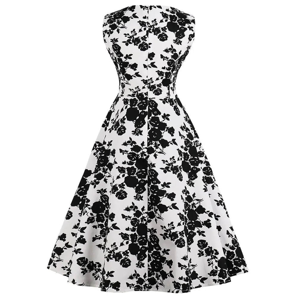 Navy Blue Floral Fit and Flare Swing Dress