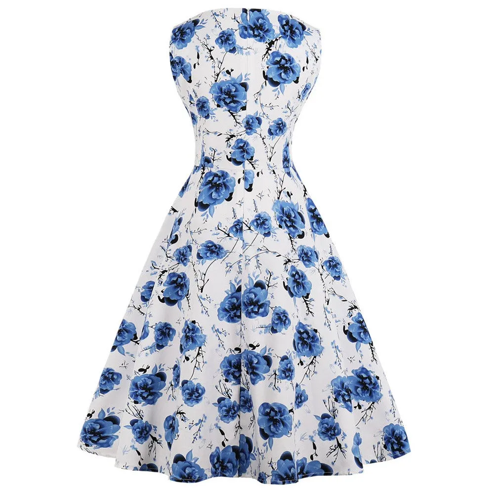 Navy Blue Floral Fit and Flare Swing Dress