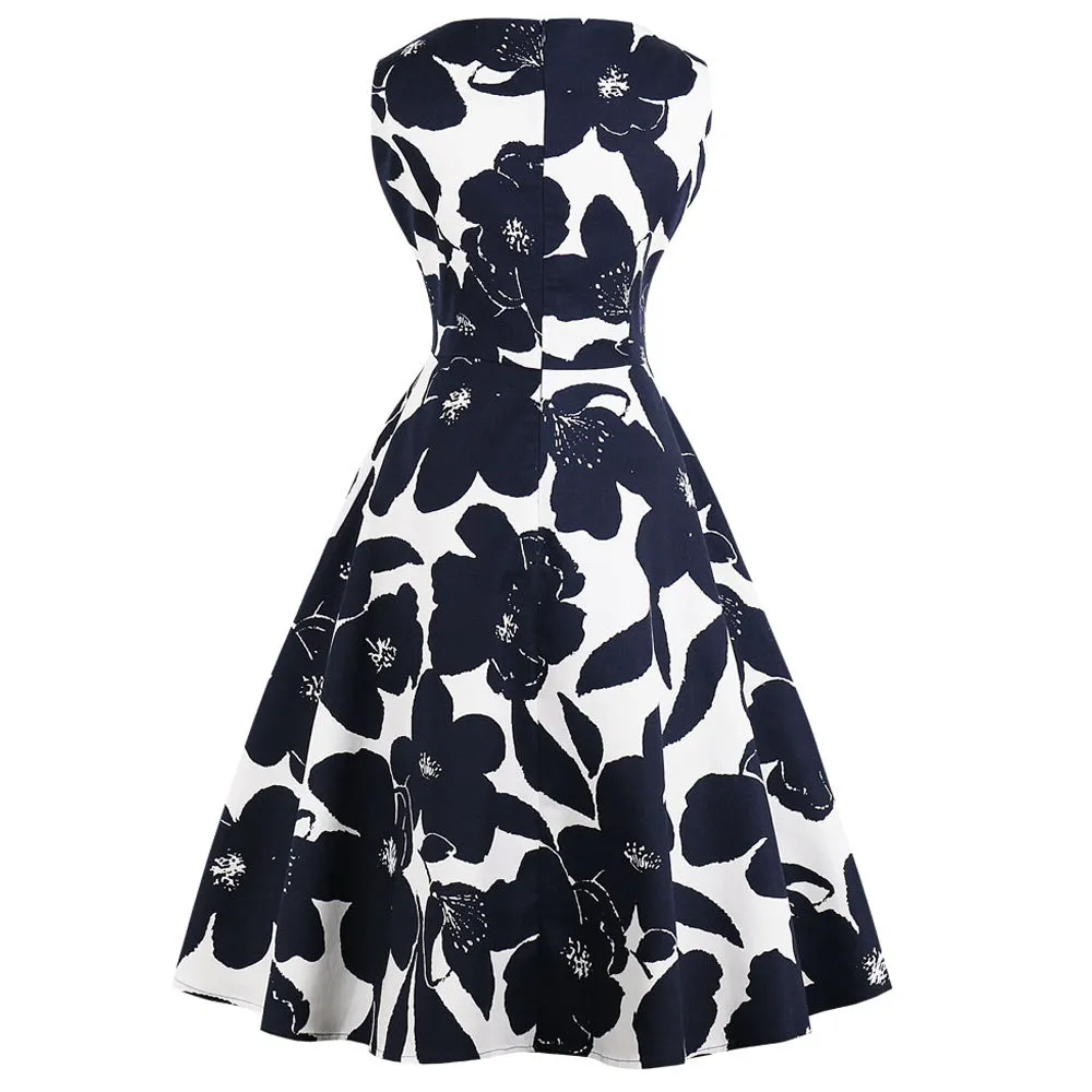 Navy Blue Floral Fit and Flare Swing Dress