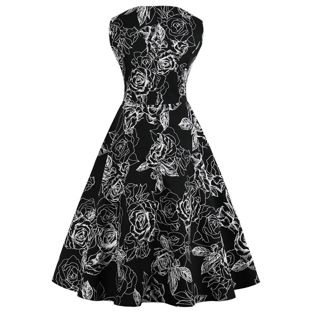 Navy Blue Floral Fit and Flare Swing Dress