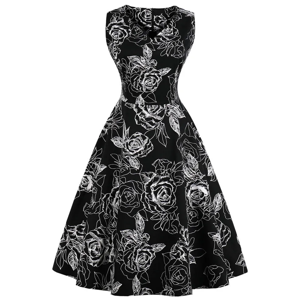 Navy Blue Floral Fit and Flare Swing Dress