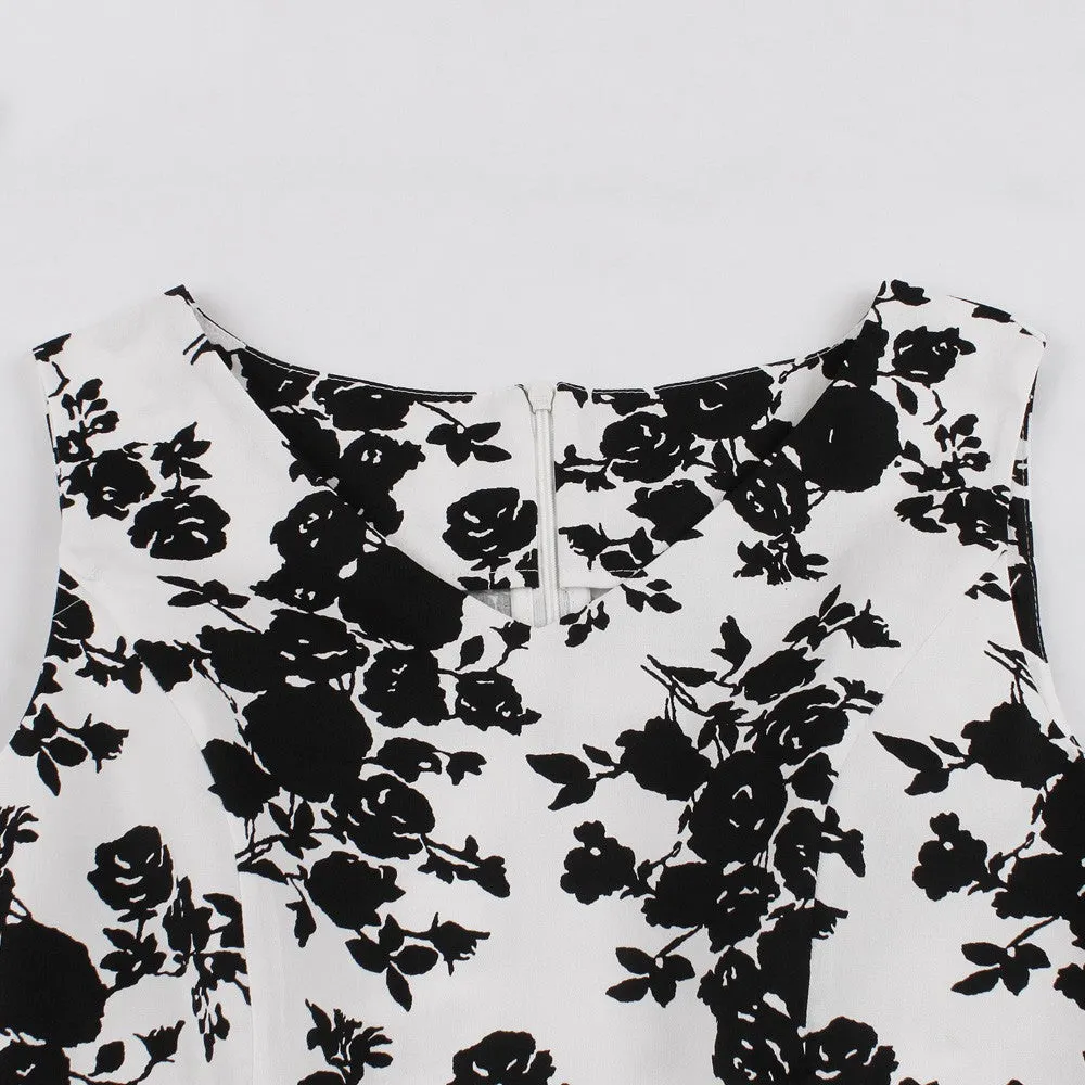 Navy Blue Floral Fit and Flare Swing Dress