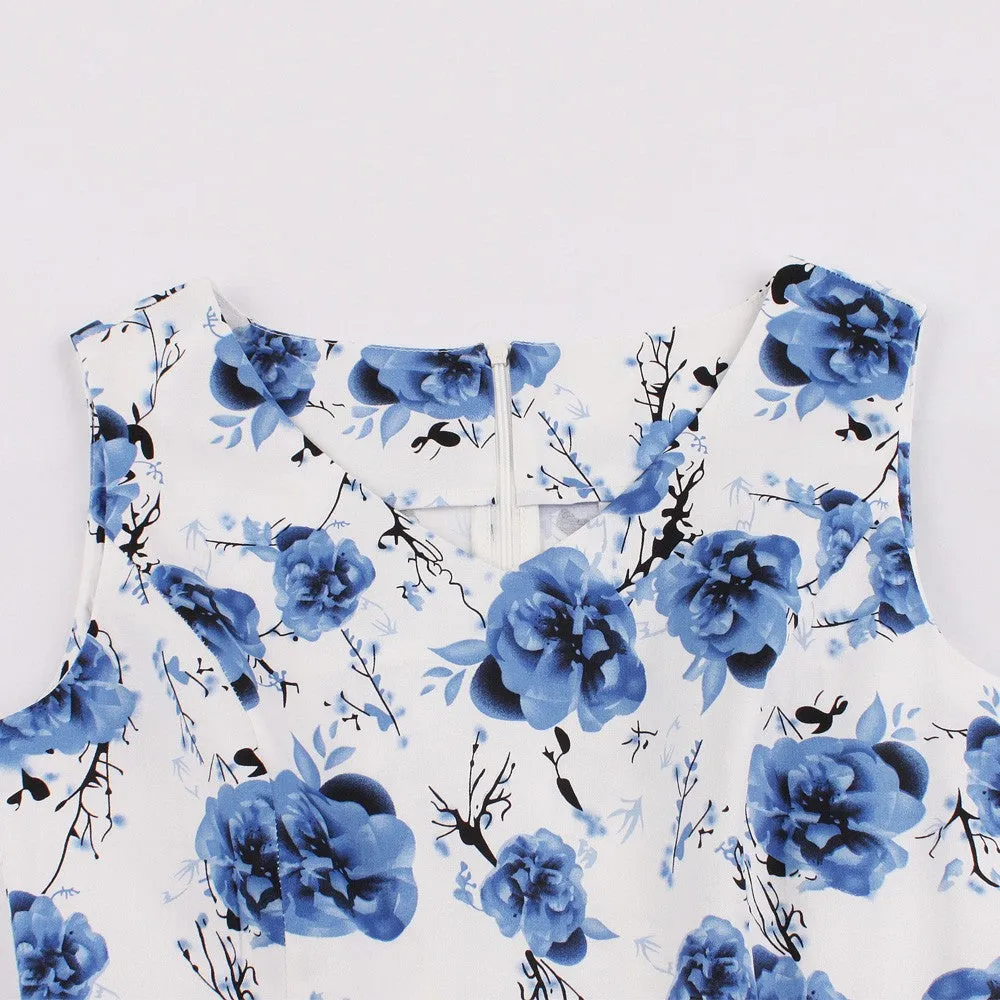 Navy Blue Floral Fit and Flare Swing Dress