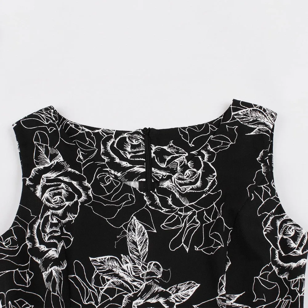Navy Blue Floral Fit and Flare Swing Dress