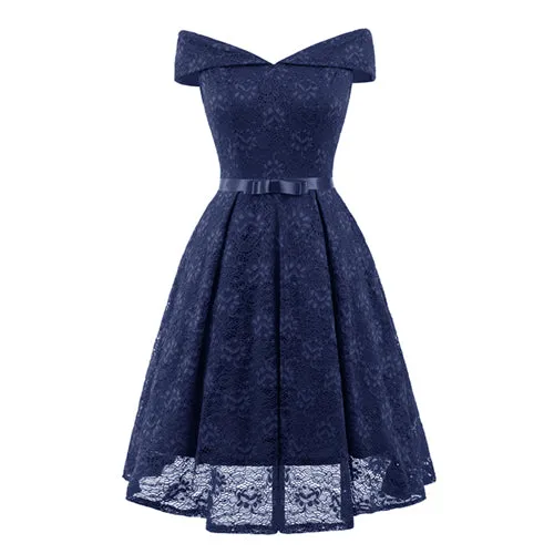 Navy Blue Lace Off the Shoulder Fit and Flare Swing Dress