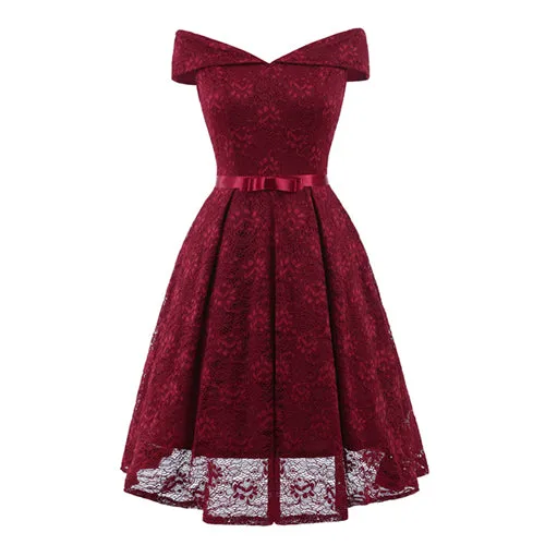 Navy Blue Lace Off the Shoulder Fit and Flare Swing Dress