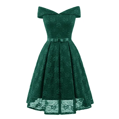Navy Blue Lace Off the Shoulder Fit and Flare Swing Dress