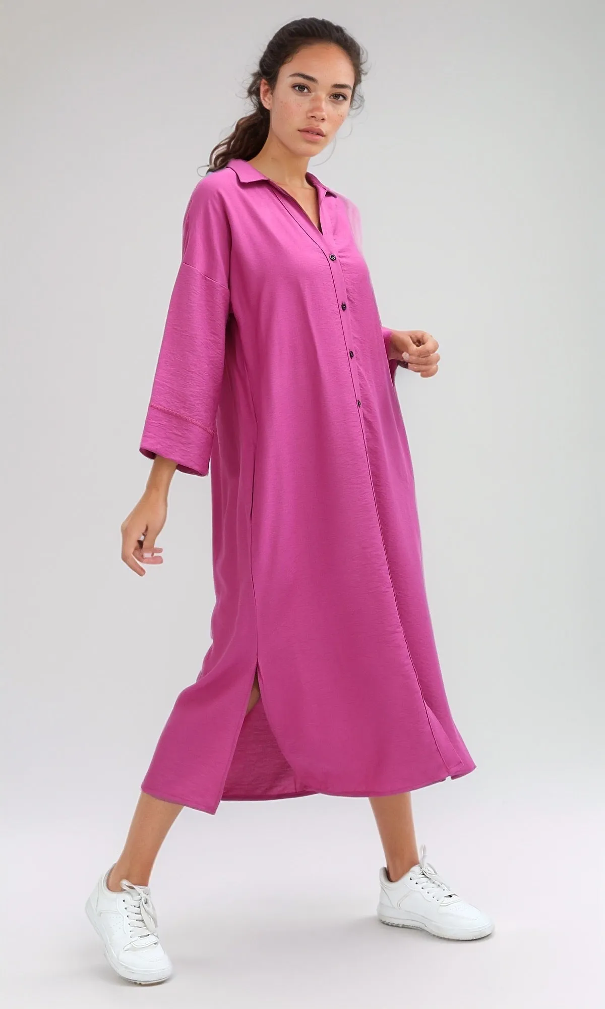 O198051 - Solid Long Sleeves Dress With Side Slits - Fushia